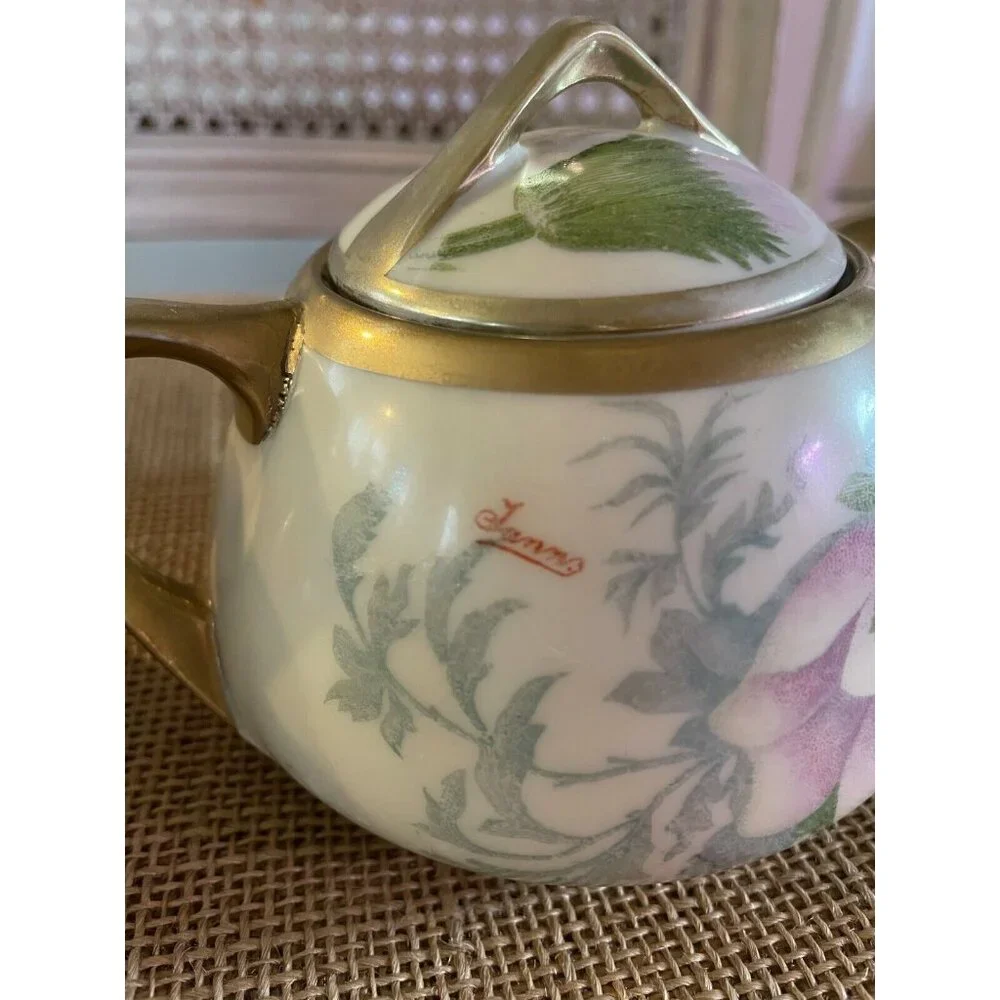 D & E.G. Royal Austria Handpainted Artist Signed Purple Floral Creamer & Sugar